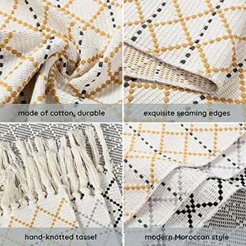 Cotton Woven Area Rug Set 2 Piece Farmhouse Kitchen Rugs, Boho Tassel Bathroom Rug Runner Set for Indoor Outdoor, Tribal Throw Rug Fringe Bath Mat 2 Pack, Moroccan Pattern Yellow Cream 2'x4.2'+2'x3'