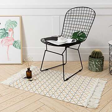 Cotton Woven Area Rug Set 2 Piece Farmhouse Kitchen Rugs, Boho Tassel Bathroom Rug Runner Set for Indoor Outdoor, Tribal Throw Rug Fringe Bath Mat 2 Pack, Moroccan Pattern Yellow Cream 2'x4.2'+2'x3'