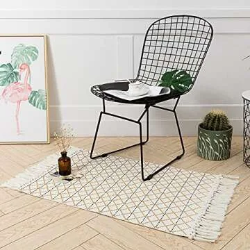 Cotton Woven Area Rug Set 2 Piece Farmhouse Kitchen Rugs, Boho Tassel Bathroom Rug Runner Set for Indoor Outdoor, Tribal Throw Rug Fringe Bath Mat 2 Pack, Moroccan Pattern Yellow Cream 2'x4.2'+2'x3'