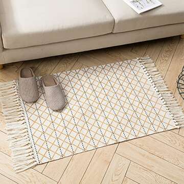 Cotton Woven Area Rug Set 2 Piece Farmhouse Kitchen Rugs, Boho Tassel Bathroom Rug Runner Set for Indoor Outdoor, Tribal Throw Rug Fringe Bath Mat 2 Pack, Moroccan Pattern Yellow Cream 2'x4.2'+2'x3'