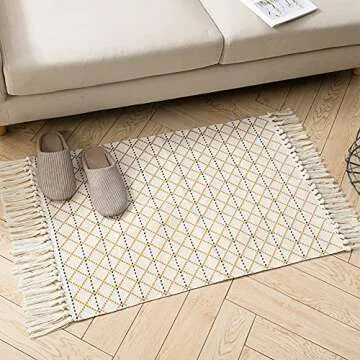 Cotton Woven Area Rug Set 2 Piece Farmhouse Kitchen Rugs, Boho Tassel Bathroom Rug Runner Set for Indoor Outdoor, Tribal Throw Rug Fringe Bath Mat 2 Pack, Moroccan Pattern Yellow Cream 2'x4.2'+2'x3'
