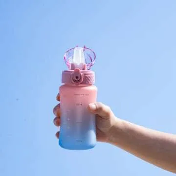 OLDLEY Kids Water Bottle for School, 12 oz (2 lids) BPA-Free Reusable Leak-proof Durable Tritan Plastic Bottles with Straw & Chug Lids, Anti-dust Spout Cover (Pink Blue)