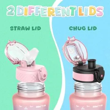 OLDLEY Kids Water Bottle for School, 12 oz (2 lids) BPA-Free Reusable Leak-proof Durable Tritan Plastic Bottles with Straw & Chug Lids, Anti-dust Spout Cover (Pink Blue)