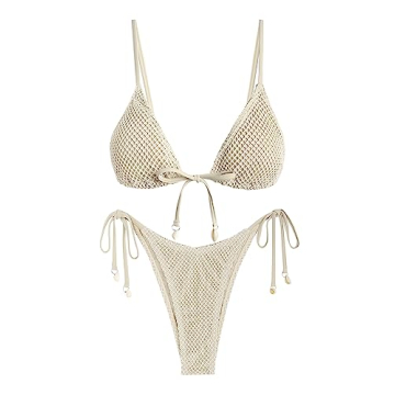 ZAFUL Women Triangle String Two Piece Bikini in Beige with Shell Decor