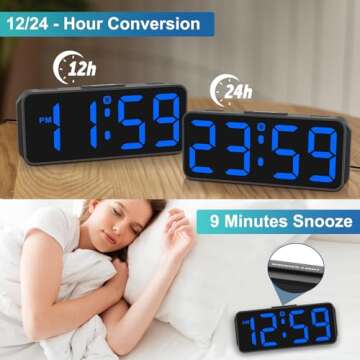 Peakeep Small Digital Alarm Clock Plug in for Bedrooms Bedside, Tiny Electric Clock Large Big Numbers Display with Battery Backup for Desk Table, 6 Dimmers, 5 Adjustable Alarm Volumes (Blue)
