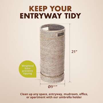 KOUBOO La Jolla Rattan Umbrella Stand, Handmade, White Wash, Umbrella Holder, Sturdy, Waking Sticks, Canes, Entryway, Mudroom, Office, Dip Tray, Home Decor