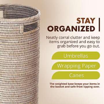 KOUBOO La Jolla Rattan Umbrella Stand, Handmade, White Wash, Umbrella Holder, Sturdy, Waking Sticks, Canes, Entryway, Mudroom, Office, Dip Tray, Home Decor