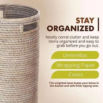 KOUBOO La Jolla Rattan Umbrella Stand, Handmade, White Wash, Umbrella Holder, Sturdy, Waking Sticks, Canes, Entryway, Mudroom, Office, Dip Tray, Home Decor