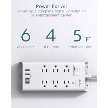 Addtam Power Strip Surge Protector 6 Outlets and 4 USB Ports(2 USB-C Ports) 5Ft Long Extension Cord, Flat Plug Overload Surge Protection Outlet Strip, Wall Mount for Home, Office and Dorm