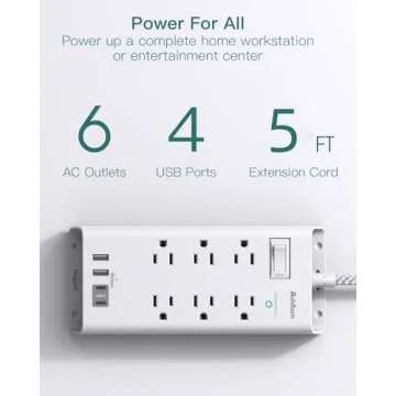 Addtam Power Strip Surge Protector 6 Outlets and 4 USB Ports(2 USB-C Ports) 5Ft Long Extension Cord,...