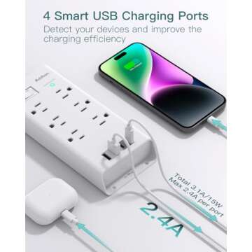 Addtam Power Strip Surge Protector 6 Outlets and 4 USB Ports(2 USB-C Ports) 5Ft Long Extension Cord, Flat Plug Overload Surge Protection Outlet Strip, Wall Mount for Home, Office and Dorm