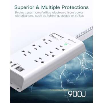 Addtam Power Strip Surge Protector 6 Outlets and 4 USB Ports(2 USB-C Ports) 5Ft Long Extension Cord, Flat Plug Overload Surge Protection Outlet Strip, Wall Mount for Home, Office and Dorm