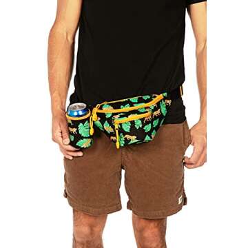 Tipsy Elves King of Tigers Fanny Pack w/Drink Holder - Retro Secret Hidden Pocket Belt Bag - Small Travel Bag Flexible Secure Attached Beverage Holster