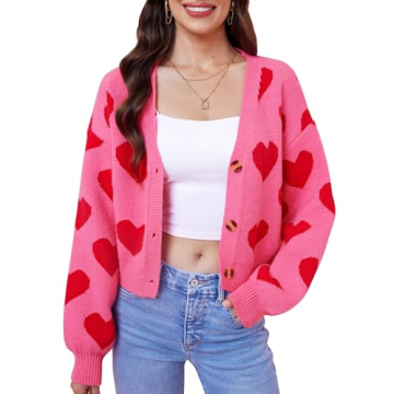 Women Valentine's Day Love Cute Heart Cardigans Cropped Open Front Knit Sweaters Pink M