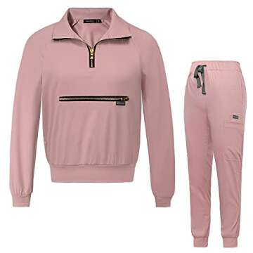 Niaahinn Scrub Set for Women - Long Sleeve Top & Jogger Pants, Solid Color Working Uniforms With Poc...