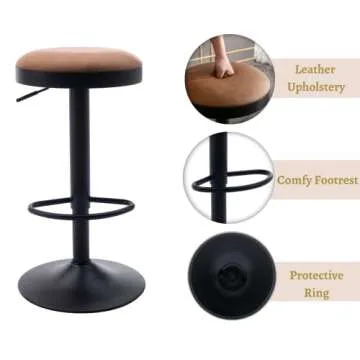 EALSON Modern Swivel Bar Stools Set of 2 Adjustable Counter Height Backless Barstools with Metal Base Leather Upholstered Round Bar Stool Chairs for Kitchen Island/Pub/Breakfast Bar, Brown