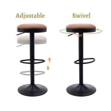 EALSON Modern Swivel Bar Stools Set of 2 Adjustable Counter Height Backless Barstools with Metal Base Leather Upholstered Round Bar Stool Chairs for Kitchen Island/Pub/Breakfast Bar, Brown
