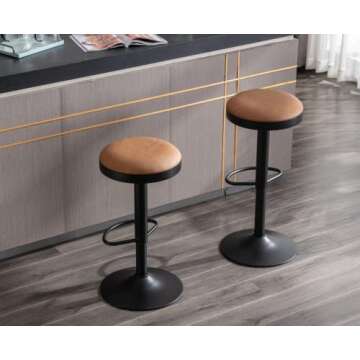 EALSON Modern Swivel Bar Stools Set of 2 Adjustable Counter Height Backless Barstools with Metal Base Leather Upholstered Round Bar Stool Chairs for Kitchen Island/Pub/Breakfast Bar, Brown