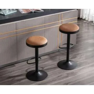EALSON Modern Swivel Bar Stools Set of 2 Adjustable Counter Height Backless Barstools with Metal Base Leather Upholstered Round Bar Stool Chairs for Kitchen Island/Pub/Breakfast Bar, Brown