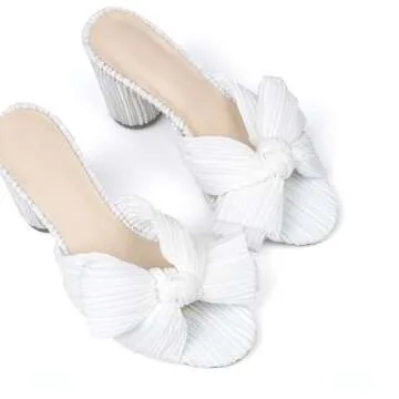 MICIFA Women's Bow Heeled Sandals Slip On Open Toe Block Chunky Heel Sandals Bride Wedding Dress Shoes