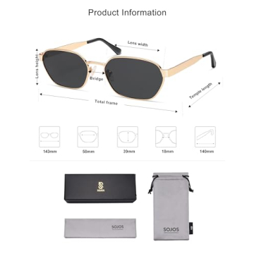 SOJOS Trendy Hexagonal Polarized Sunglasses Womens Mens UV400 Retro Rectangle Shades SJ1238, Gold/Grey