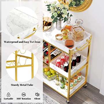 Bar Serving Cart 3-Tier Bar Carts for The Home Wine Cart with Wine Rack and Glass Holder Shelves Rol...
