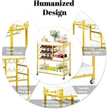 Bar Serving Cart 3-Tier Bar Carts for The Home Wine Cart with Wine Rack and Glass Holder Shelves Rolling Bar Cart on Wheels Industrial Rustic/Gold Metal Alcoholic Beverage Cart for Kitchen, Dining Room