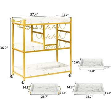 Bar Serving Cart 3-Tier Bar Carts for The Home Wine Cart with Wine Rack and Glass Holder Shelves Rolling Bar Cart on Wheels Industrial Rustic/Gold Metal Alcoholic Beverage Cart for Kitchen, Dining Room