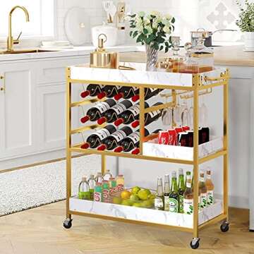 Bar Serving Cart 3-Tier Bar Carts for The Home Wine Cart with Wine Rack and Glass Holder Shelves Rolling Bar Cart on Wheels Industrial Rustic/Gold Metal Alcoholic Beverage Cart for Kitchen, Dining Room