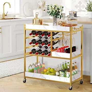 Bar Serving Cart 3-Tier Bar Carts for The Home Wine Cart with Wine Rack and Glass Holder Shelves Rolling Bar Cart on Wheels Industrial Rustic/Gold Metal Alcoholic Beverage Cart for Kitchen, Dining Room