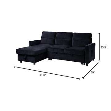 Lilola Home Ivy Black Velvet Reversible Sleeper Sectional Sofa with Storage Chaise and Side Pocket