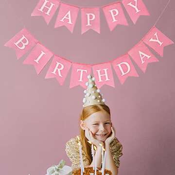 Happy Birthday Banner Pink, Pre-assembled Reusable Imitated Burlap Birthday Banner for Women Girls Pink Birthday Party Decorations