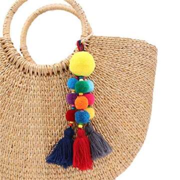 QTMY Colorful Pom Pom Tassel Long Bag Charm Pendant Keychain for Women Purse Handbag Decor