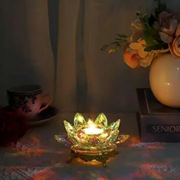 OwnMy Crystal Lotus Flower Tea Light Holder with Gold Base for Table Centerpiece
