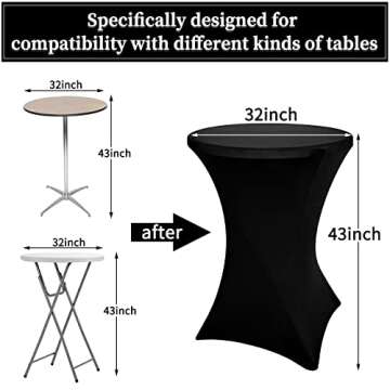 5 Pack Cocktail Spandex Stretch Square Corners Tablecloth 32 x 43 Inch, Black Stretch Cocktail Table Cover Fitted High Top Tables, Cocktail Table Covers for Bar Wedding Birthday Banquet Party
