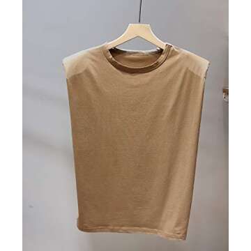 Meladyan Women’s Solid Cotton Padded Shoulder Sleeveless Tee Vest Crew Neck Loose Tank Tops Khaki
