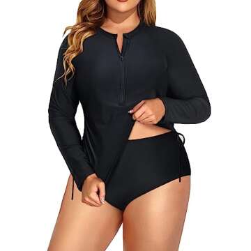 Holipick Women Two Piece Plus Size Zipper Long Sleeve Rash Guard UPF 50+ Swim Shirt with Bottom Bulid in Bra Swimsuit