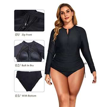 Holipick Women Two Piece Plus Size Zipper Long Sleeve Rash Guard UPF 50+ Swim Shirt with Bottom Bulid in Bra Swimsuit