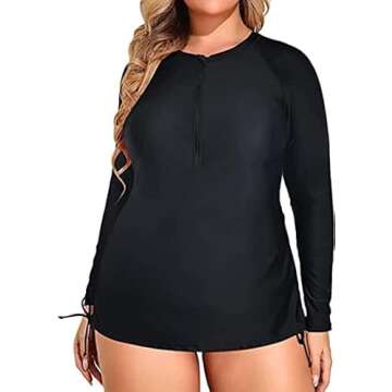 Holipick Women Two Piece Plus Size Zipper Long Sleeve Rash Guard UPF 50+ Swim Shirt with Bottom Bulid in Bra Swimsuit