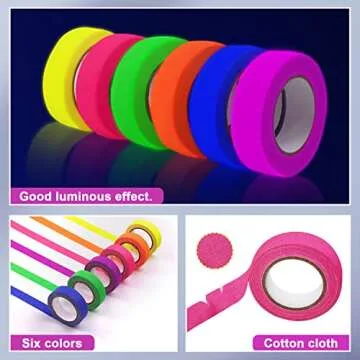 UV Tape 12 Pack, Blacklight Tape, Glow in The Dark Tape, Neon Tape, UV Parties Fluorescent Room Decorations 0.59 in x 16.4 ft - (6 Colors)