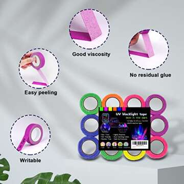 UV Tape 12 Pack, Blacklight Tape, Glow in The Dark Tape, Neon Tape, UV Parties Fluorescent Room Decorations 0.59 in x 16.4 ft - (6 Colors)