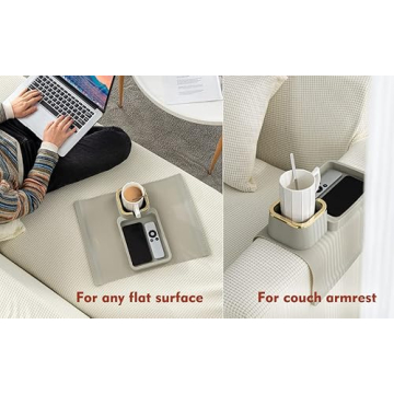 Couch Cup Holder Tray, Elimiko Silicone Anti-Spill and Anti-Slip Couch Drink Holder, Strong and Weighted Phone/Remote/Snacks Sofa Cup Holder (Black)