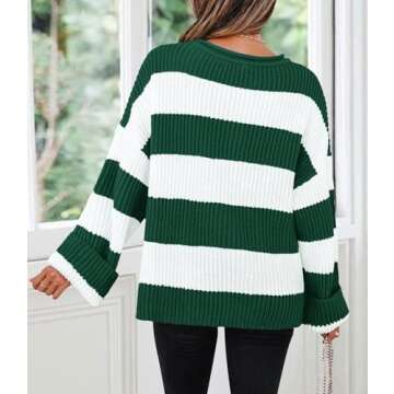 ZESICA Women's Fall Long Sleeve Crew Neck Striped Color Block Comfy Loose Oversized Knitted Pullover Sweater,ForestGreen,Medium