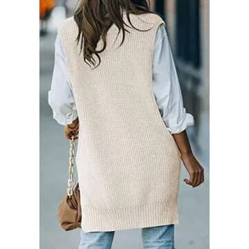 Viottiset Women's Oversized Sweater Vest V Neck Tunic Sleeveless Pullover Knit Top Apricot Large