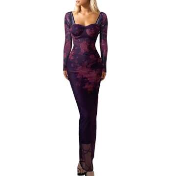 Women's Sexy Mesh Dresses Long Sleeve Slim Fit Elegant Sheer Maxi Dress Party Club Night Out Evenig Cocktail Long Dresses (US, Alpha, Large, Regular, Regular, Purple Print)