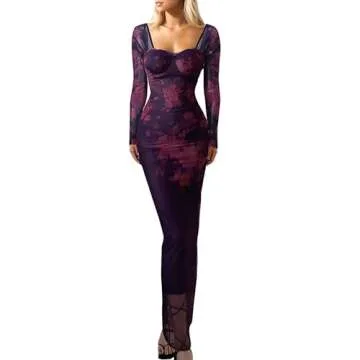 Women's Sexy Mesh Dresses Long Sleeve Slim Fit Elegant Sheer Maxi Dress Party Club Night Out Evenig Cocktail Long Dresses (US, Alpha, Large, Regular, Regular, Purple Print)