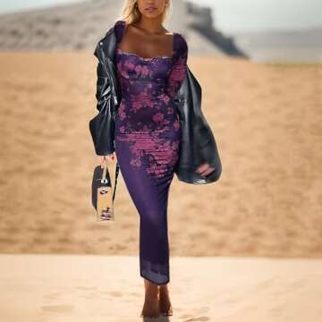 Women's Sexy Mesh Dresses Long Sleeve Slim Fit Elegant Sheer Maxi Dress Party Club Night Out Evenig Cocktail Long Dresses (US, Alpha, Large, Regular, Regular, Purple Print)
