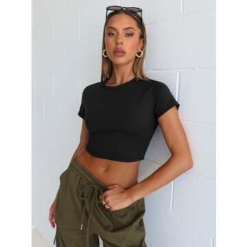 WYNNQUE Womens Crop Tops Cute Summer Scoop Neck Basic Tees Slim Fit Trendy Short Sleeve T Shirts for Teen Girls 2025 Black M