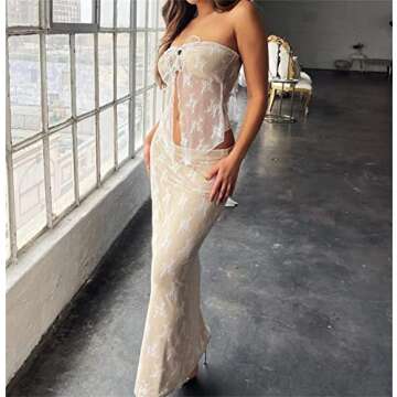 Yuemengxuan Women Going out Maxi Skirts Set Low Cut Lace Trim Cami Top Crop Top High Waist Bodycon M...