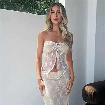 Yuemengxuan Women Going out Maxi Skirts Set Low Cut Lace Trim Cami Top Crop Top High Waist Bodycon Maxi Skirt 2Pcs Outfits (White-M, L)